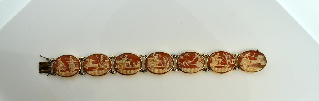 Classical 14K Gold Mounted Shell Cameo 7.25” Bracelet with Mythological Chariot Scenes