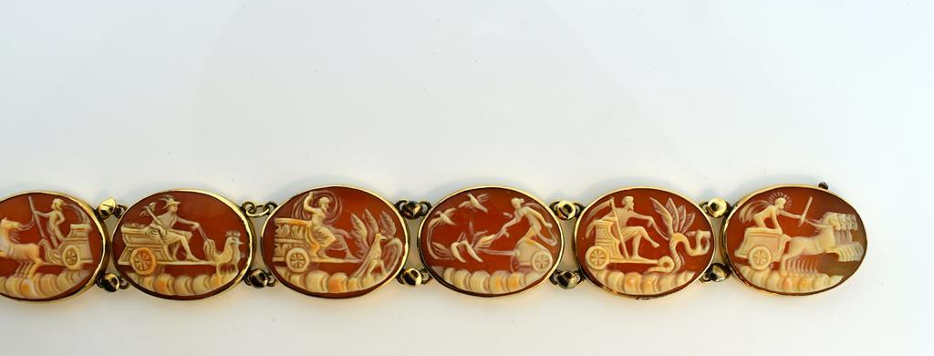 Classical 14K Gold Mounted Shell Cameo 7.25” Bracelet with Mythological Chariot Scenes