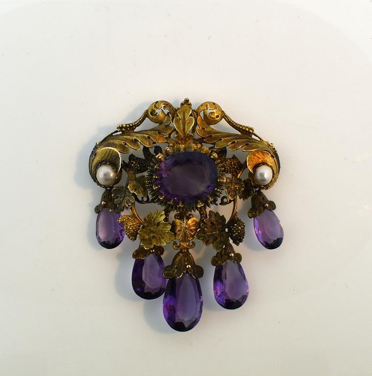 Antique 10K Yellow, Rose and Brown Gold Pendant Brooch w/ Amethysts & Pearls, Original Leather Case