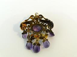 Antique 10K Yellow, Rose and Brown Gold Pendant Brooch w/ Amethysts & Pearls, Original Leather Case
