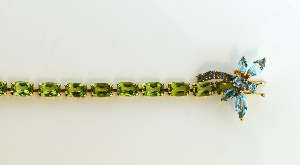 14K Gold and Carat Peridot 8” Link Bracelet with Blue Topaz Dragonfly Clasp