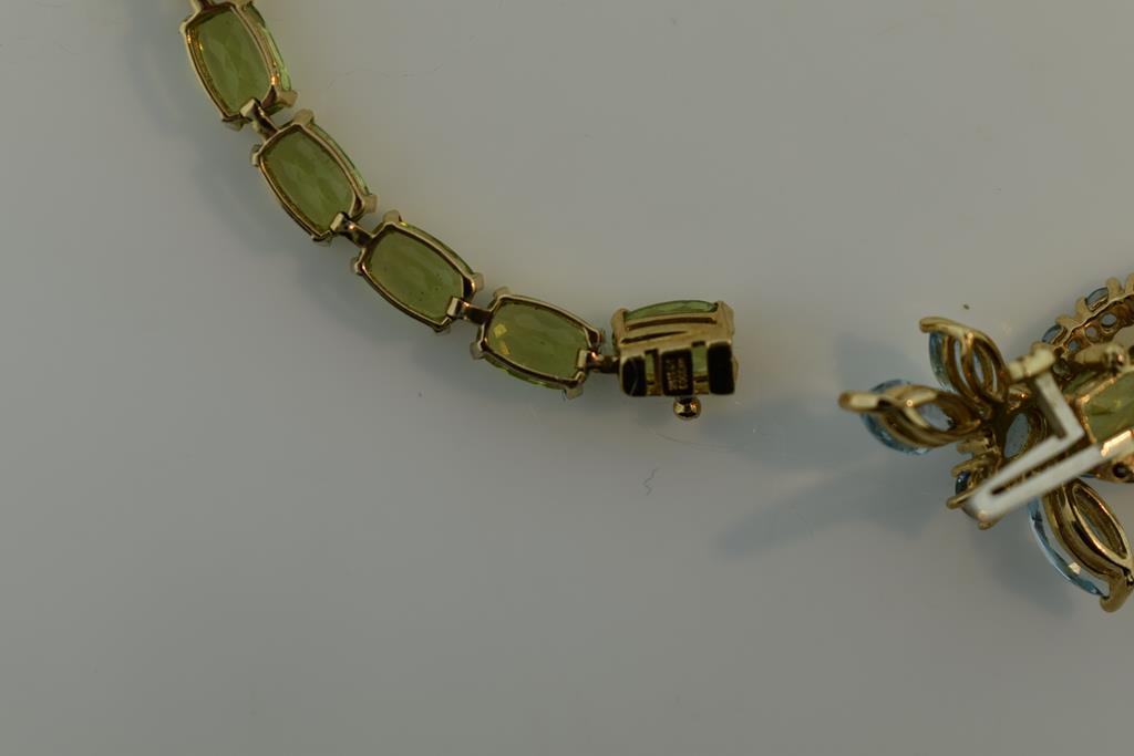 14K Gold and Carat Peridot 8” Link Bracelet with Blue Topaz Dragonfly Clasp