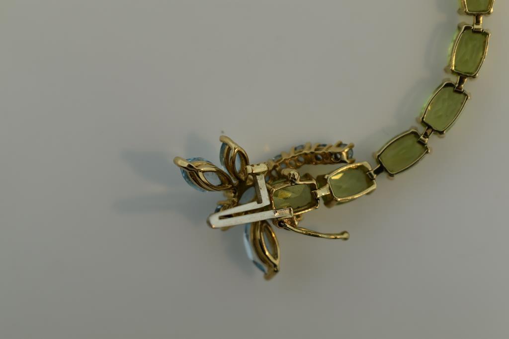 14K Gold and Carat Peridot 8” Link Bracelet with Blue Topaz Dragonfly Clasp