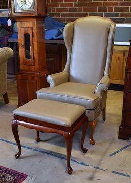 Tan Faux Leather Queen Anne Style Wing Chair with Matching Ottoman