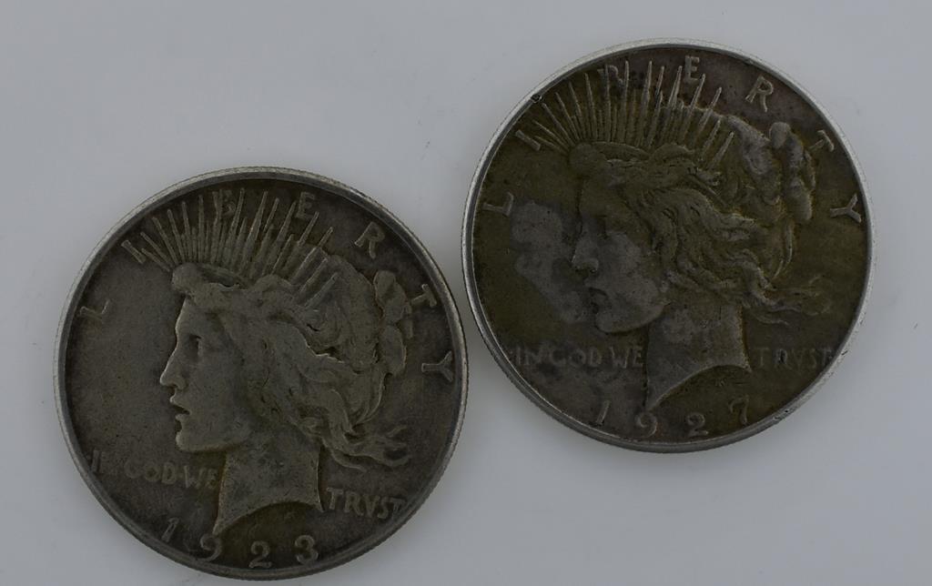 Eleven Circ. Silver Peace Dollars: 1922D (3), 1922 S (5), 1923S, 1926S & 1927S