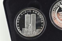 Set Two Fine Silver One (1) Oz. Coins Commemorating Freedom and New York Trade Towers w/ COAs