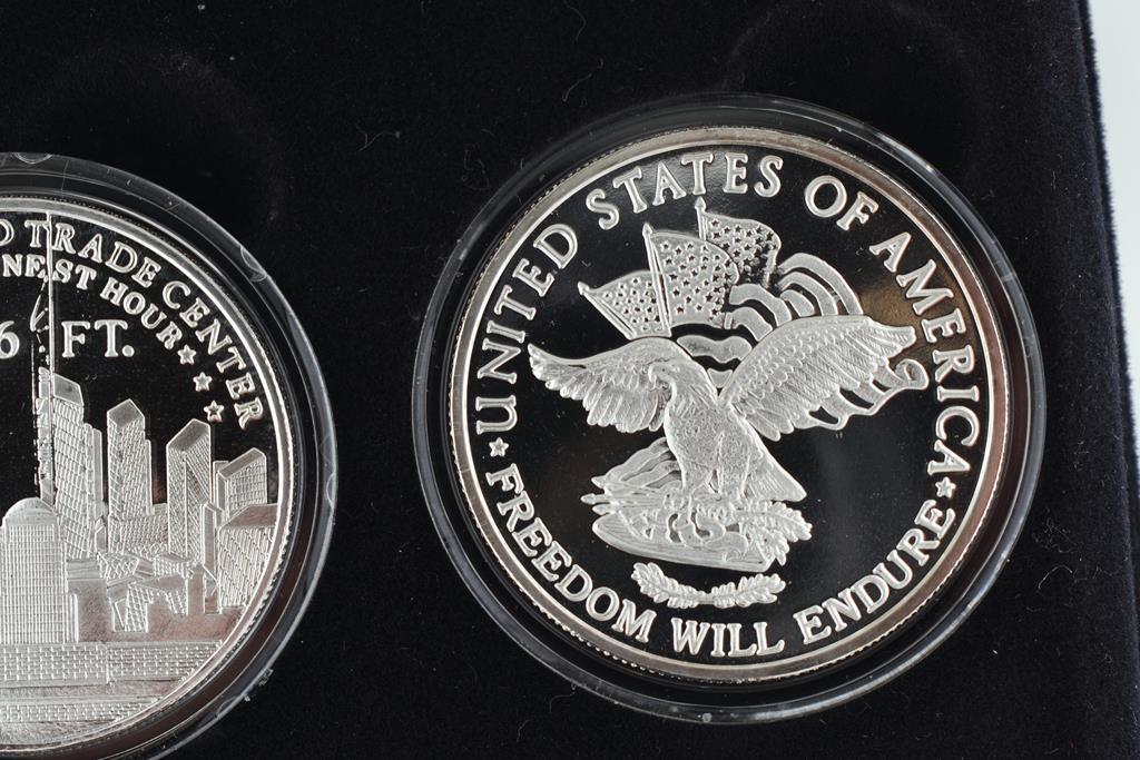 Set Two Fine Silver One (1) Oz. Coins Commemorating Freedom and New York Trade Towers w/ COAs