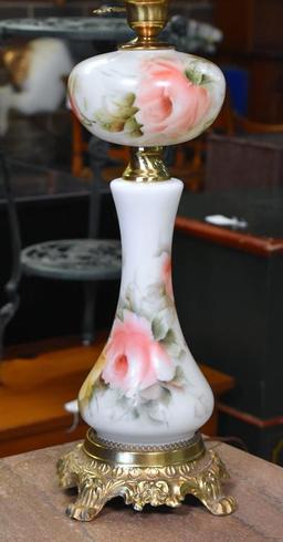 Vintage GWTW Style Hand Painted Electric Table Lamp, Pink & Yellow Roses