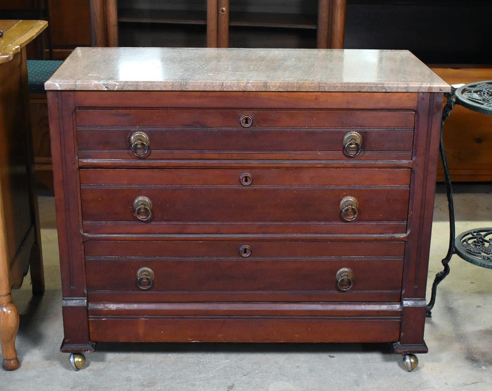 Antique Victorian Rosewood Marble Top Three-Drawer Chest on Caster Feet