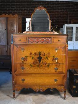 Vintage Widdicomb Furniture Dresser Chest & Mirror with Lovely Stenciled Front & Drop Pulls