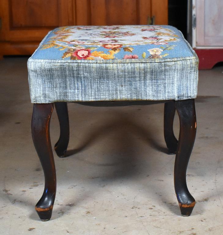 Vintage Footstool with Blue White & Gold Embroidered Seat