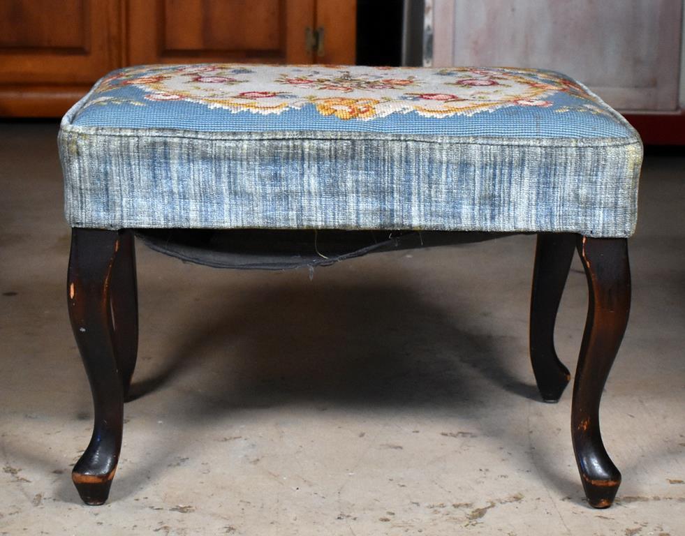 Vintage Footstool with Blue White & Gold Embroidered Seat