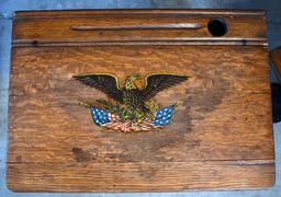 Antique Oak and Cast Metal School Desk & Seat with Storage in Top and American Eagle Stencil