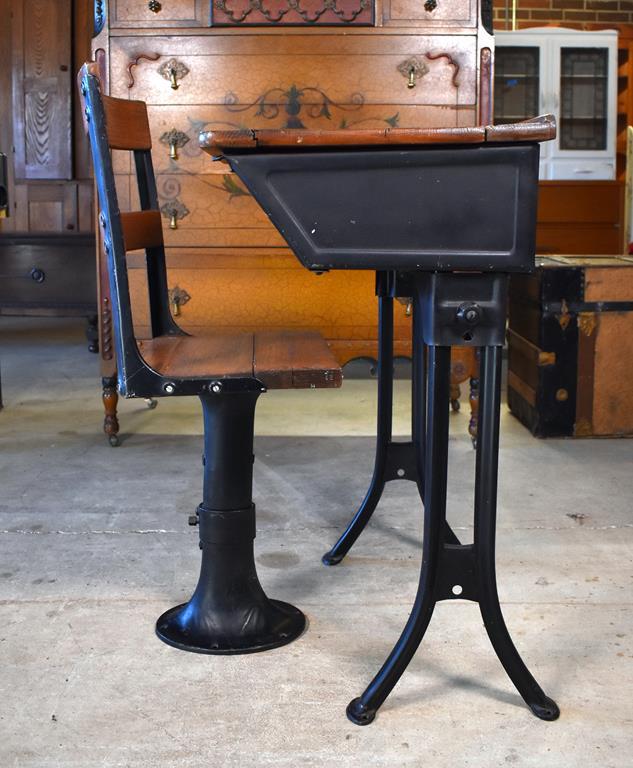 Antique Oak and Cast Metal School Desk & Seat with Storage in Top and American Eagle Stencil