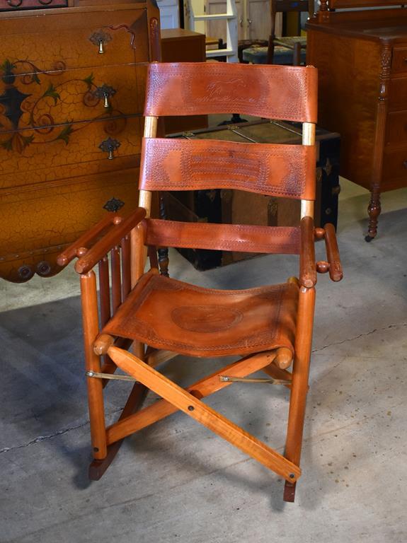 Vintage Handcrafted Hardwood and Embossed Leather Folding Rocking Chair, Horse Motif