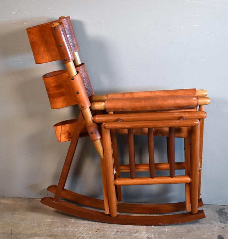 Vintage Handcrafted Hardwood and Embossed Leather Folding Rocking Chair, Horse Motif