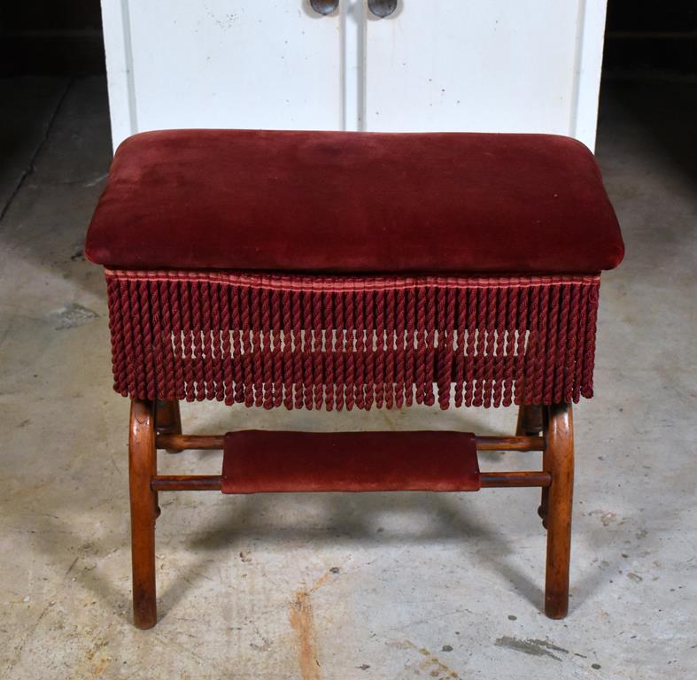 Antique Yellow Pine & Bentwood Ottoman w/ Storage Under Seat, Burgundy Upholstery & Fringes