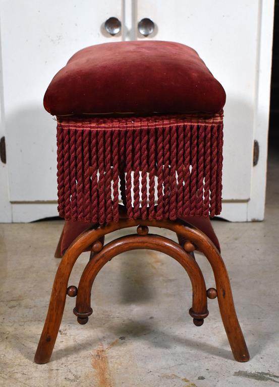 Antique Yellow Pine & Bentwood Ottoman w/ Storage Under Seat, Burgundy Upholstery & Fringes