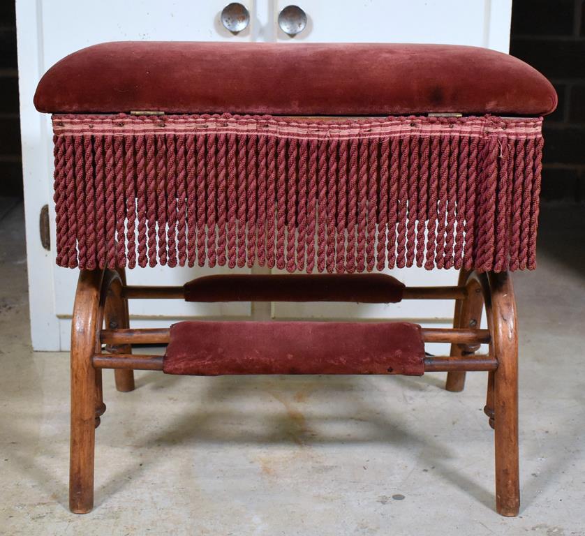 Antique Yellow Pine & Bentwood Ottoman w/ Storage Under Seat, Burgundy Upholstery & Fringes