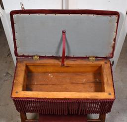 Antique Yellow Pine & Bentwood Ottoman w/ Storage Under Seat, Burgundy Upholstery & Fringes