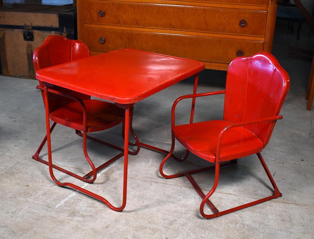 Vintage Mid-Century Modern Children's Red Metal Table and Chairs