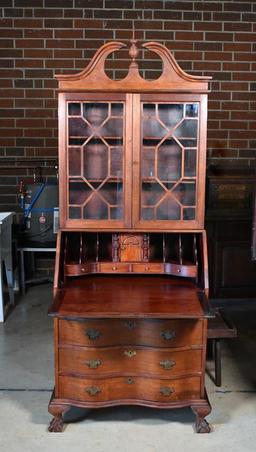 Antique Early 20th C. Chippendale Mahogany Secretary Desk with Bookshelf Hutch