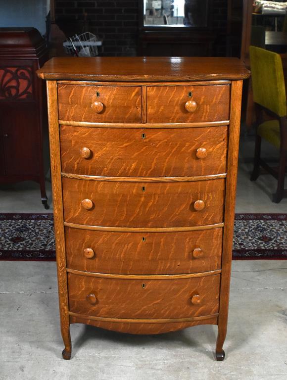 Antique Early 20th C. Quartersawn Tiger Oak Bowfront Tall Chest