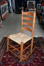 Early 19th C. Turned Stiles Oak Ladder Back Rocking Chair with Rush Seat
