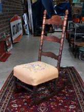 19th C. Victorian Rocker w/ Embroidered Seat Cover, Beehive Finials on Turned Stiles,  Scalloping
