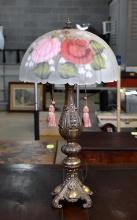 Ornate Antique Brass Finished Metal Table Lamp with Reverse Painted Roses Glass Shade
