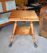 Antique Two-Tier Tiger Oak Parlor Table with Glass Ball & Metal Claw Feet