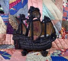 Antique Cast Iron Cold Painted Sailing / Pirate Ship Doorstop