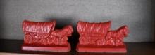 Pair of Vintage Cast Iron Cold Painted Red Ox Drawn Covered Wagon Book Ends