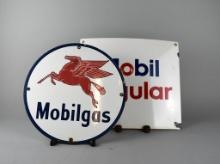 Two Vtg. Mobilgas Porcelain Advertising Gas Pump Signs: “Mobilgas” Pegasus & “Mobile Regular”