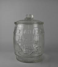 Antique Planters Peanuts Lidded & Relief Molded 12.5” Glass Barrel Counter Jar