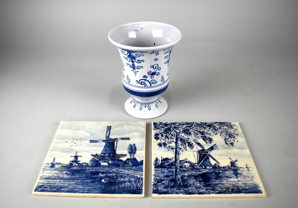 Lot of Delft Colonial Williamsburg Blue & White Vase with Two 6” Delfts Blue Tiles, Holland
