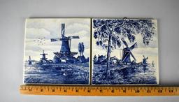 Lot of Delft Colonial Williamsburg Blue & White Vase with Two 6” Delfts Blue Tiles, Holland