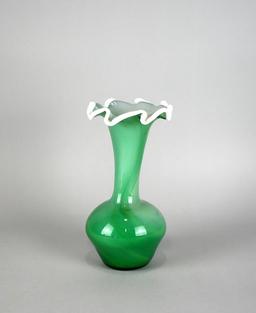 Green & White Blown Glass Vase with Ruffled Edge
