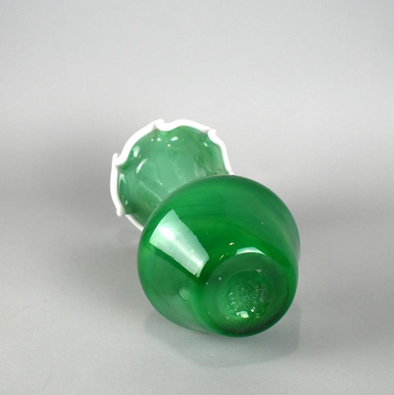 Green & White Blown Glass Vase with Ruffled Edge