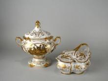 Vintage Ardalt Lenwile Gold on White Lidded China Pieces: Sugar Bowl and Leaf-Shaped Lidded Bowl