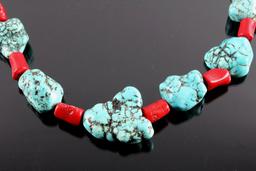 Navajo Turquoise Nugget and Coral Necklace