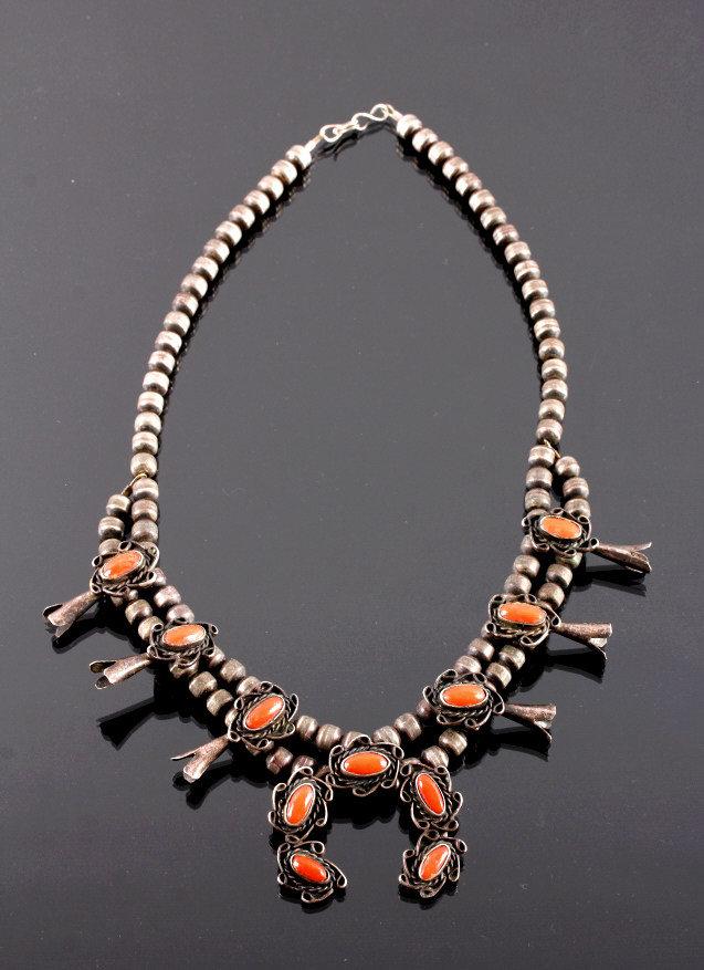 Navajo Sterling Silver Coral Squash Blossom