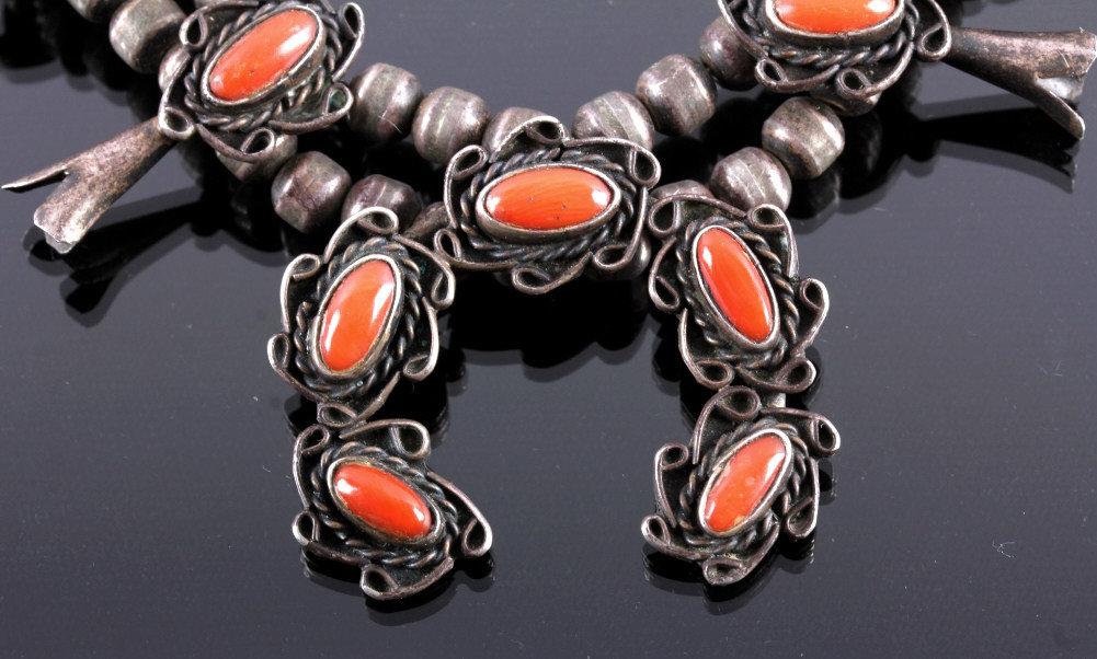 Navajo Sterling Silver Coral Squash Blossom