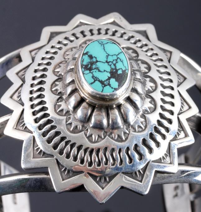 Signed Navajo Sterling Silver Turquoise Cuff