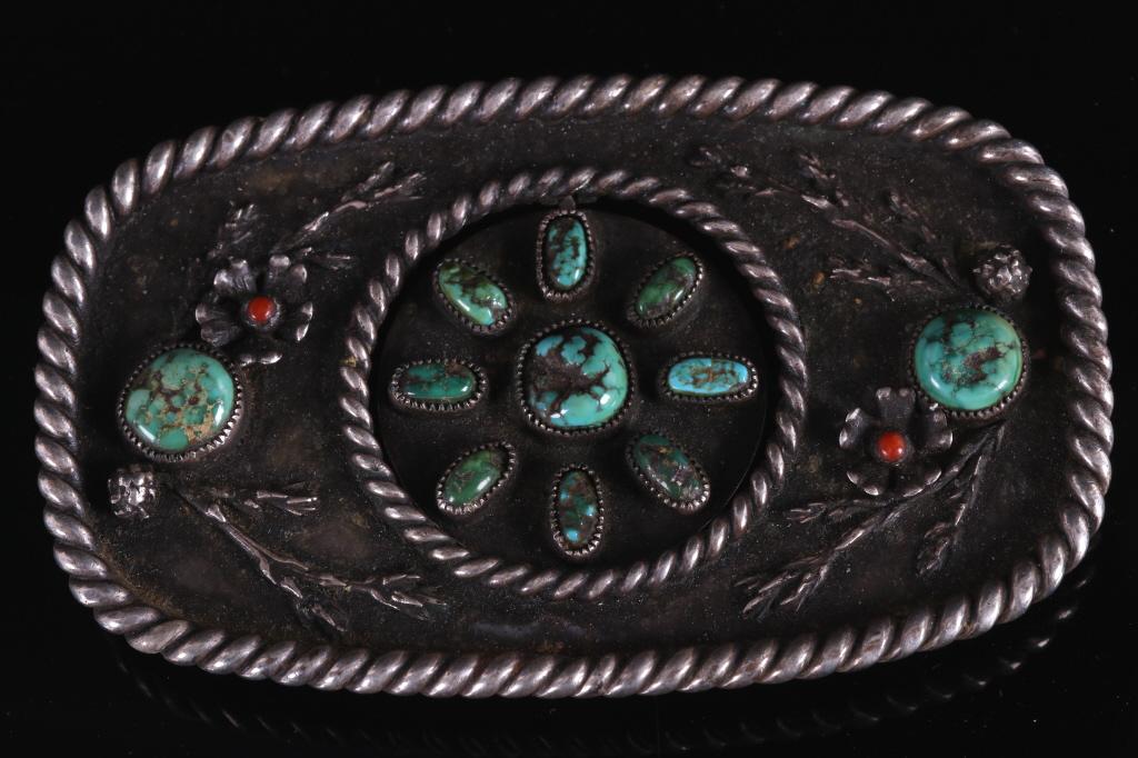 Old Pawn Turquoise, Coral and Silver Belt Buckle