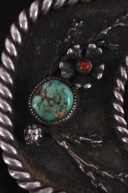 Old Pawn Turquoise, Coral and Silver Belt Buckle