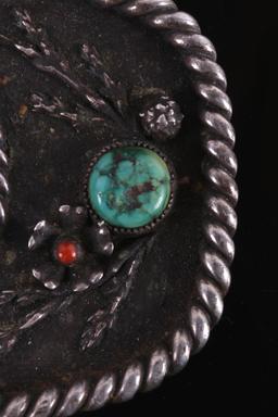 Old Pawn Turquoise, Coral and Silver Belt Buckle