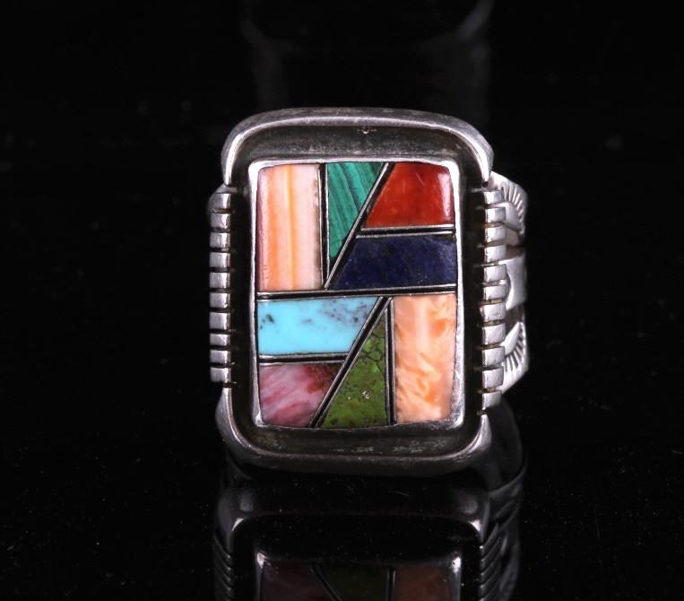 Zuni Signed Sterling Silver Mosaic Inlay Ring