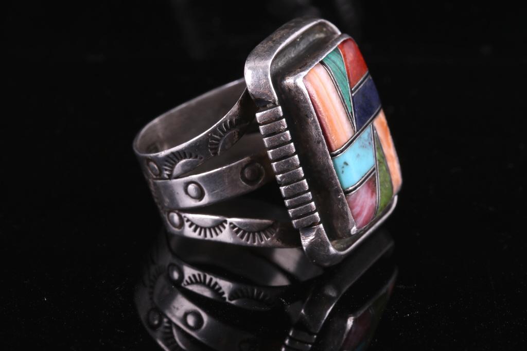 Zuni Signed Sterling Silver Mosaic Inlay Ring