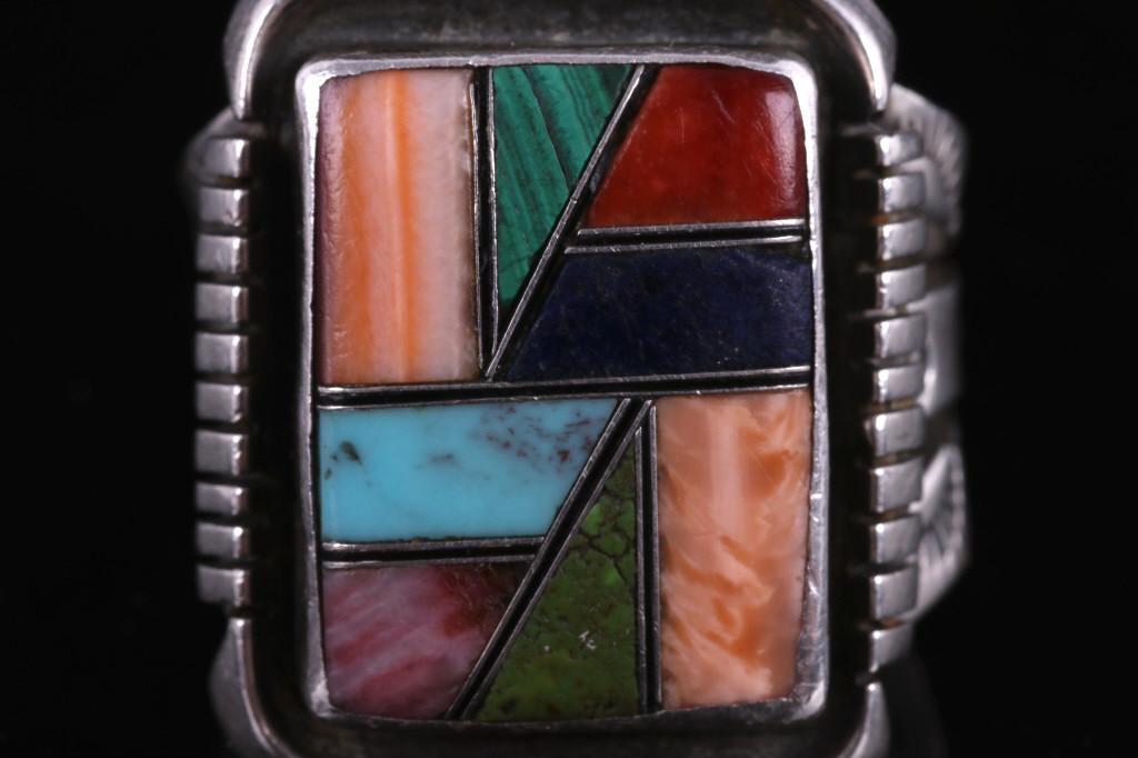 Zuni Signed Sterling Silver Mosaic Inlay Ring